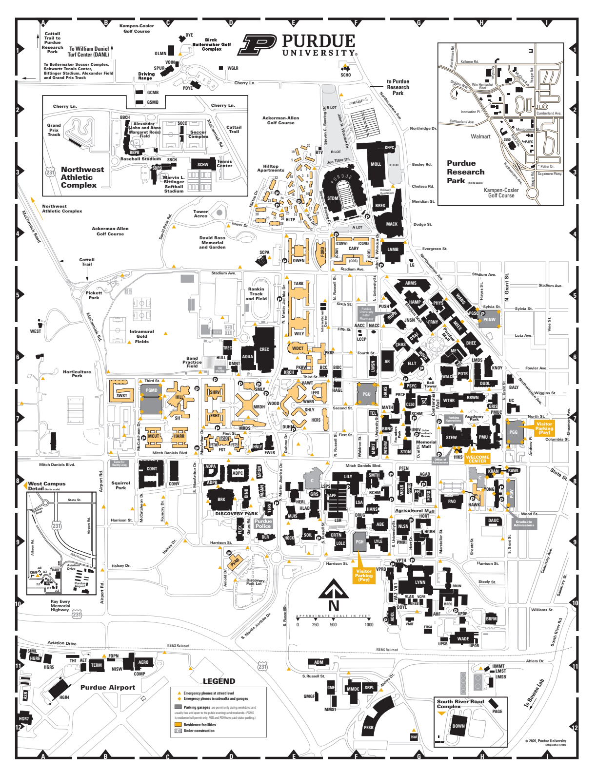 Official Purdue campus map building index, August 2026